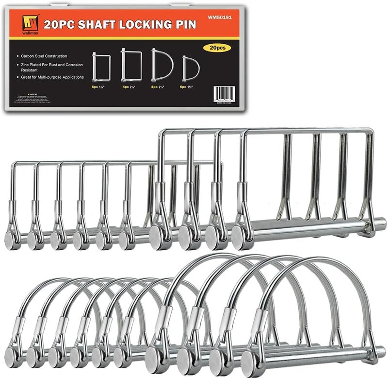 Wellmax 20 Pcs Shaft Locking Pin in 1/4", 5/16" and 3/8" Diameter Zinc-Plated Heavy Duty Safety Pins, Trailer Hitch Pin for Trailer Lock and Hitch Pin Lock for Farm Lawn Garden Wagons, Silver Color - Image 1